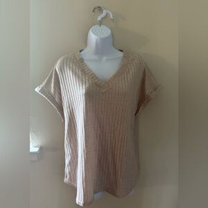 Beige Ribbed V-Neck Top